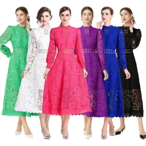 Women’s Stand Collar Long Sleeve Medium Long Slim Waist Crochet Long Lace Dress