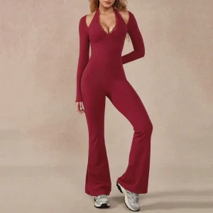 Women’s Stand Neck Tie Back Yoga Jumpsuit Flared Pants Sweat Wicking Breathable Knee Length Outdoor Running Sportswear Romper