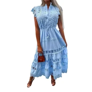 Women’s Stand up Collar Tie Waist Lace Splicing Long Dress