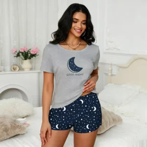 Women’s Star and Moon Print Knitted Pajama Set Round Neck Soft Spandex and Polyester Fabric Summer Loungewear