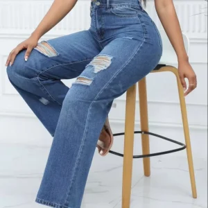 Women’s Straight Jeans Cut Out Loose Jeans Pants Casual Denim Pants Wide Leg Ripped Jeans