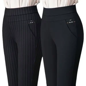 Women’s Straight Leg Trousers Solid Color High Waist Flare Pants Casual Cargo Trousers Stretch Knitted Pit Stripe Office Pants