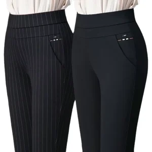 Women’s Straight Leg Trousers Solid Color High Waist Flare Pants Casual Cargo Trousers Stretch Knitted Pit Stripe Office Pants