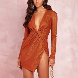 Women’s Straight Ruched V Neck Party Dresses Summer Club Prom Mini Split
