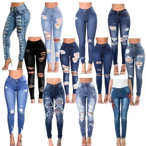 Women’s Straight-leg Jeans American Style Colored Knitted Button Distressed Regular Stretch High-waisted