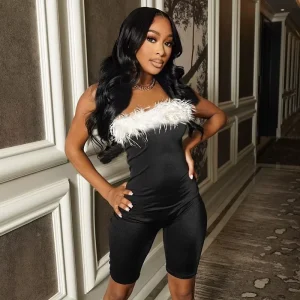 Women’s Strapless Backless Jumpsuit with Fur Decorative Detail
