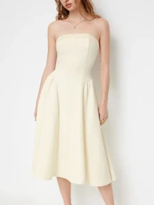 Women’s Strapless Bustier Midi Dress Backless Bow Tie Waist A Line Elegant Party Cocktail Dress