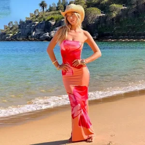 Women’s Strapless Floral Print Maxi Dress Bodycon Vacation Beach Party Gown