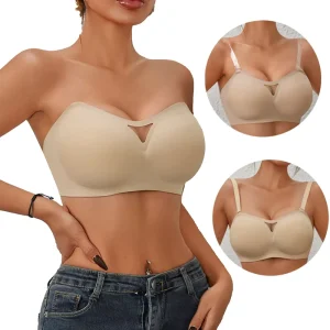 Women’s Strapless Half Cup Wire Free Breathable Seamless Push Up Bandeau Bra with Non Slip Back Custom Logo Available