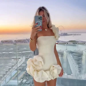 Women’s Strapless Ruffled Flower Bud High Waist A-Line Mini Dress Tube Top Digital Printing Polyester Fiber Sexy Club