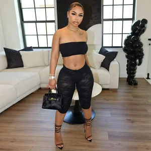 Women’s Strapless Top Lace Leggings Tight Two Piece Sexy Set