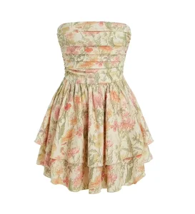 Women’s Strapless Tube Top Mini Dress Print Ruched Waist Tiered Ruffle Skirt A Line Casual Summer Party Dress
