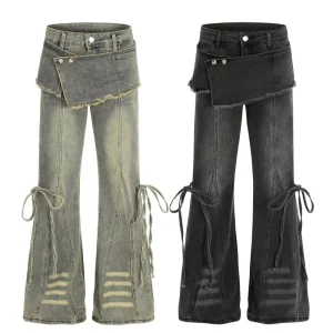 Women’s Streetwear Vintage Casual Pants Denim Decorated Slightly Flared Pants Mid Waist Three-Dimensional Cut