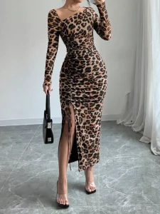 Women’s Stretchy Leopard Print Bodycon Dress One Shoulder Long Sleeve Ruched Drawstring Slit Slimming Dress for Daily