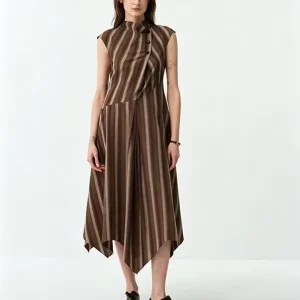 Women’s Striped Asymmetrical Midi Dress Stand Collar Sleeveless with Diagonal Buttons Regular Fit Casual Office Daily Wear