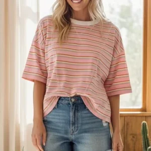 Women’s Striped Contrast-Collar Short-Sleeve Knit Top, Crew Neck, Drop Shoulder, Loose Fit, Quick-Dry