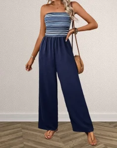 Women’s Striped Jumpsuit Summer Elastic Waist Wide Leg Romper