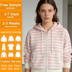 Women’s Striped Knit Hoodies Custom Personalized Contrast Trim Drawstring Hood Casual Sweet Daily Loungewear Hoodies