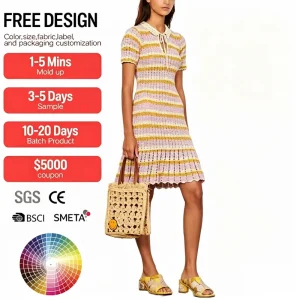 Women’s Striped Knit Polo Dress Pastel Pink & Yellow Short Sleeve Summer Dress with Scalloped Hem and Collar Tie Detail