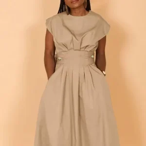 Women’s Stylish Casual Solid Color Round Neck Loose Wide Knitted Nylon Dress