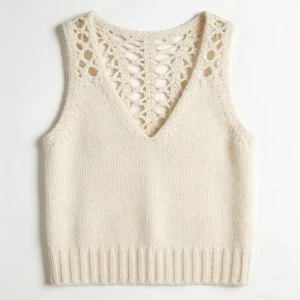 Women’s Stylish Vintage Summer Crop Top Knitted Sleeveless Hand Woven Vest Hollow Design Viscose/Polyester Button-Up Collar