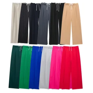 Women’s Suit Pants High Waist Solid Pocket Office Lady Casual Straight Leg Trousers Formal Pants