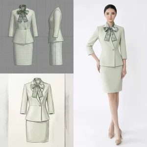 Women’s Suit Set Peplum Blazer Skirt Stand Collar Scarf Bow Tie Formal Business Office Hotel Reception Hostess Sage