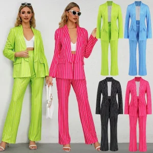 Women’s Suits Blazers Casual Striped Lapel Blazers Long Sleeved Loose Fitting Small Suit Jacket and Straight Leg Pants