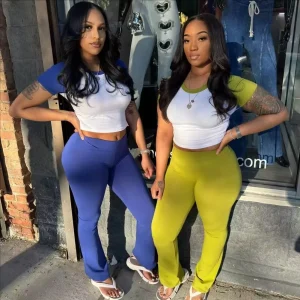 Women’s Summer 2 Piece Set Custom Color Block Crop Top and Pants Loungewear Set