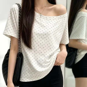 Women’s Summer 230GSM Cotton Spandex Pre-shrunk Polka Dot T-Shirt, Off Shoulder Loose Slimming Short Sleeve Top