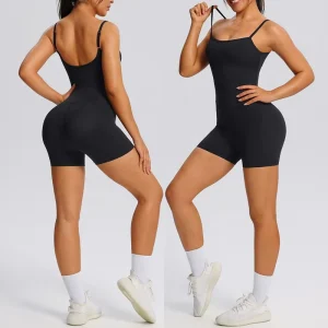 Women’s Summer Backless Jumpsuits Adjustable Strap Rompers Gym Workout Shorts Sleeveless Padded Four-Way Stretch Fitness Sports