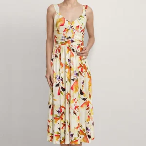 Women’s Summer Bamboo Cotton Floral Strappy Dress V-Neck Sleeveless Midi Dresses for Ladies