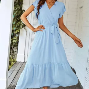 Women’s Summer Blue Dress V neck A line Flowing Ultra Long Dress