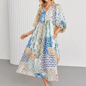Women’s Summer Bohemian Style Patchwork Skirt Floral Chiffon Dress Breathable Hippie Style