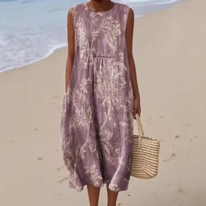 Women’s Summer Breathable Soft Boho Floral Print Sleeveless Midi Dress Loose Casual Beach Dress