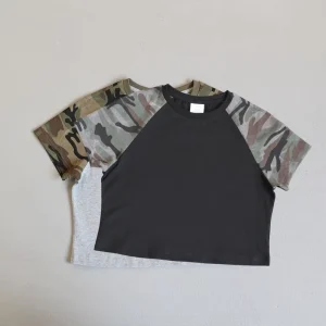 Women’s Summer Camo Raglan Short Sleeve T Shirt 210G American Streetwear Vintage Hot Girl Tee Custom Logo & Low MOQ