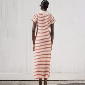 Women’s Summer Casual Breathable Knitted V Neck Short Sleeve Striped Maxi Dress with Bodycon Silhouette and Natural Waistline