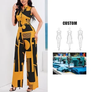 Women’s Summer Casual Button High Waist V Neck Geometric Pattern Breathable Sleeveless Wide Leg Jumpsuit