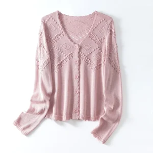 Women’s Summer Casual Cardigan Solid Apricot V Neck Computer Knit Breathable Heat Transfer Sweater with Short & Long Sleeves