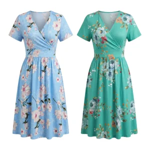 Women’s Summer Casual Dresses with Floral Print Digital Printing White Blue Rose Red Short Sleeve Natural Waist for Party