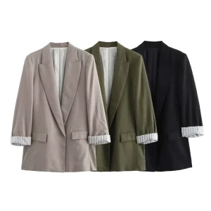 Women’s Summer Casual Fashion Versatile Slim Linen Blended Rolled Sleeves Blazer 2753530