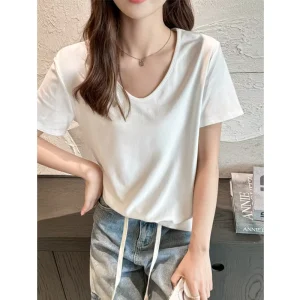 Women’s Summer Casual High End Loose V-Neck Regular Shoulder Short Sleeve T Shirt