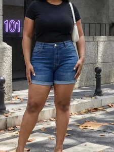 Women’s Summer Casual High Waist Denim Shorts Dark Blue High Stretch Cuffed Hem Jean Shorts With Pockets for Beach&Vacation