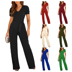 Women’s Summer Casual High Waisted Jumpsuit V Neck Knitted High Waist Long Loose Pants Breathable Bow Jumpsuit Digital Printing