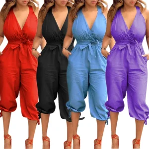 Women’s Summer Casual Jumpsuit Open Back V Neck High Waist Tie Dye Embroidery Vintage Fashionable Jumpsuits for Women
