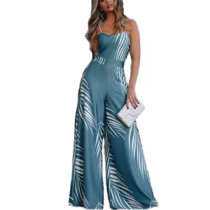 Women’s Summer Casual Leisure Fashion High Waist Halter Neck Sleeveless Jumpsuits Narrow Waist Pants Wide Leg Loose Breathable