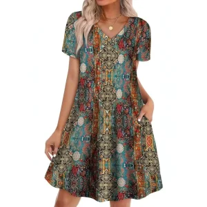 Women’s Summer Casual Loose A Line V Neck Geometric Pattern Dress for Beach Holiday Clothing Source Manufacturers