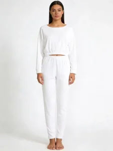 Women’s Summer Casual Loungewear 2 Piece Set Breathable Cropped Long Sleeve Slim Fit Top & Cuffed Pants Linen Cotton
