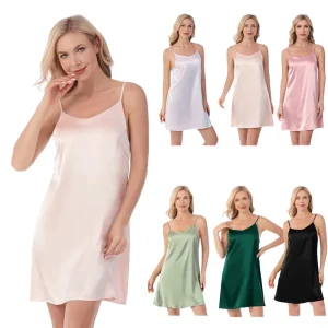 Women’s Summer Casual Nightie Luxury Solid Color Sexy Silk Satin Nightdress Quick Dry Camisole Smooth and Soft Sleepwear