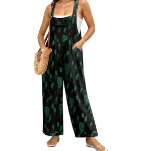 Women’s Summer Casual Overalls Loose Wide Leg Jumpsuits Linen Rayon Floral Printed Baggy Rompers With Pockets